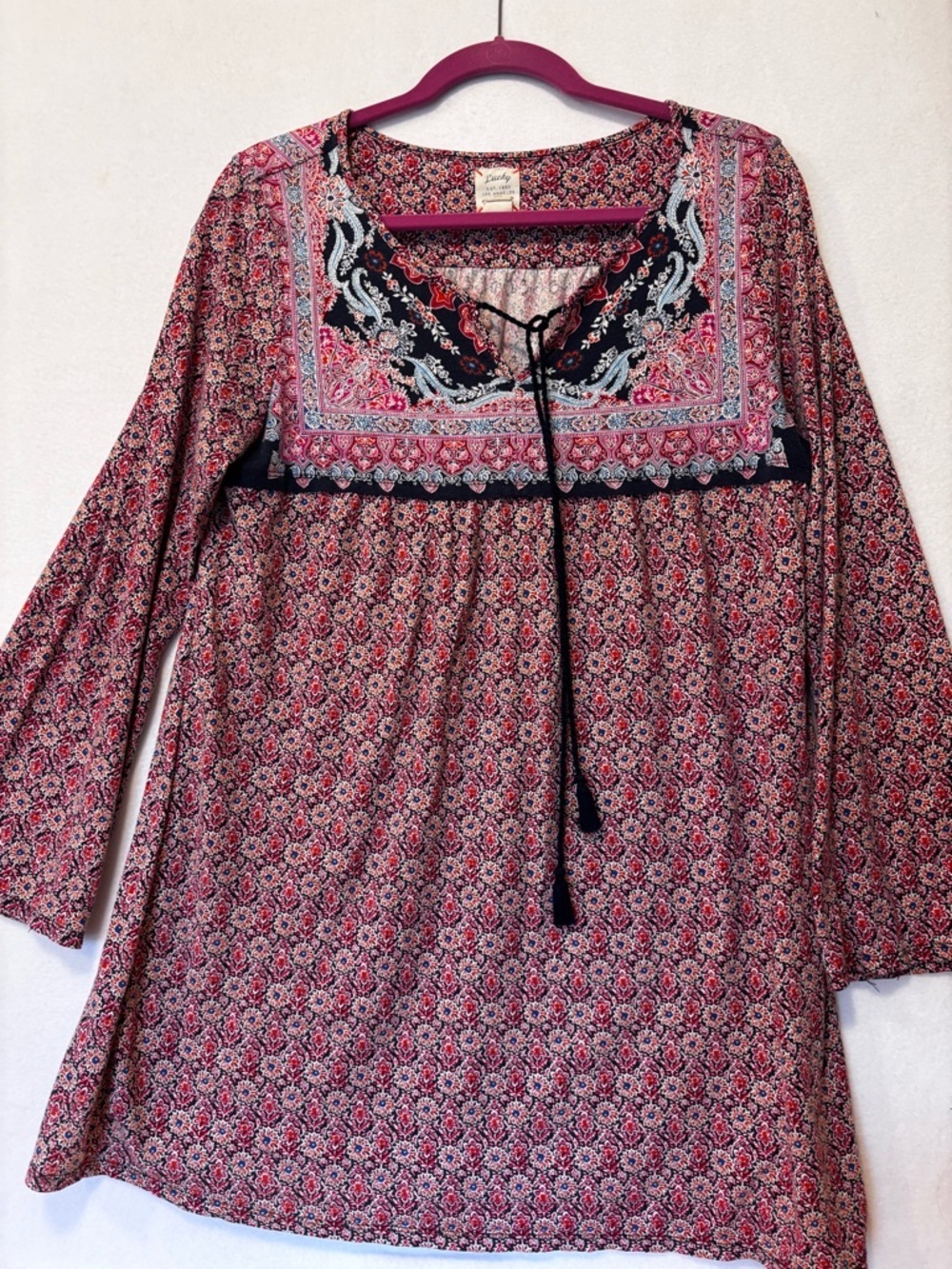 Lucky Brand Boho Floral Peasant Top Tassel Tie Red Blue Size Large